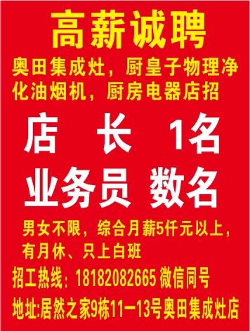 奥田集成灶，厨皇子物理净化油烟机，厨房电器店高薪诚聘01.13-04.13