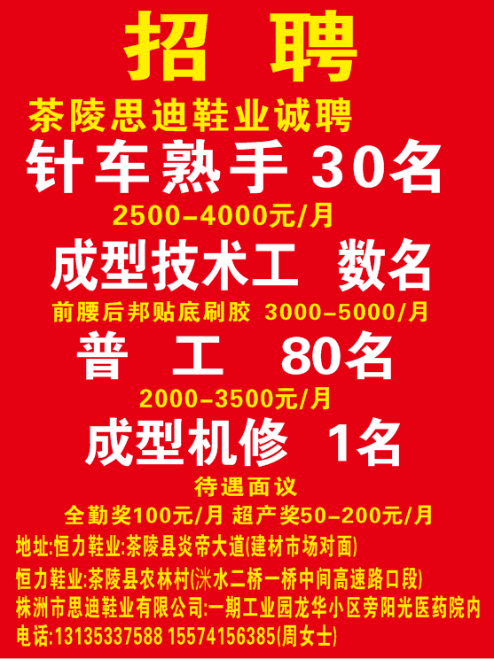 茶陵思迪鞋业诚聘2025.01.16-2026.01.16